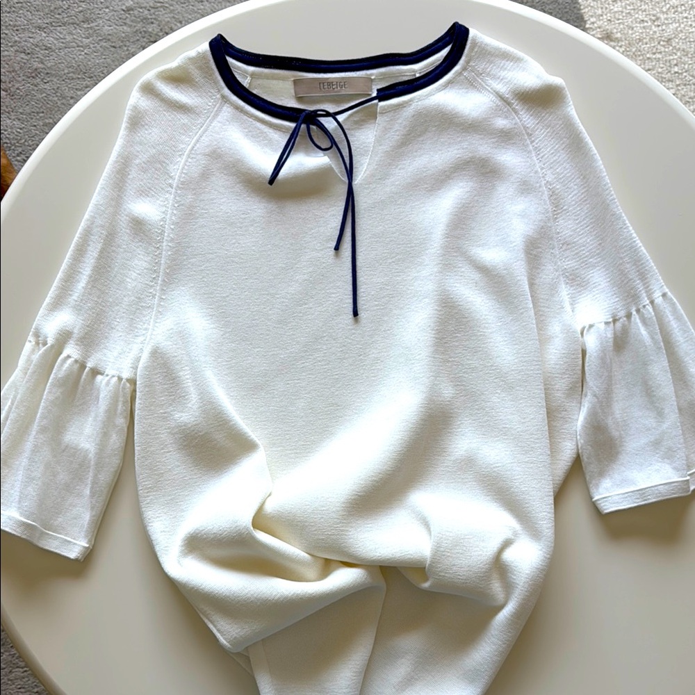 LEBEIGE luxury brand Ivory‎ White Blouse with Navy Trim